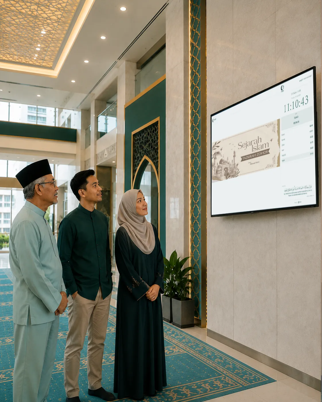 A family viewing an Awqōt display together in a mosque hall