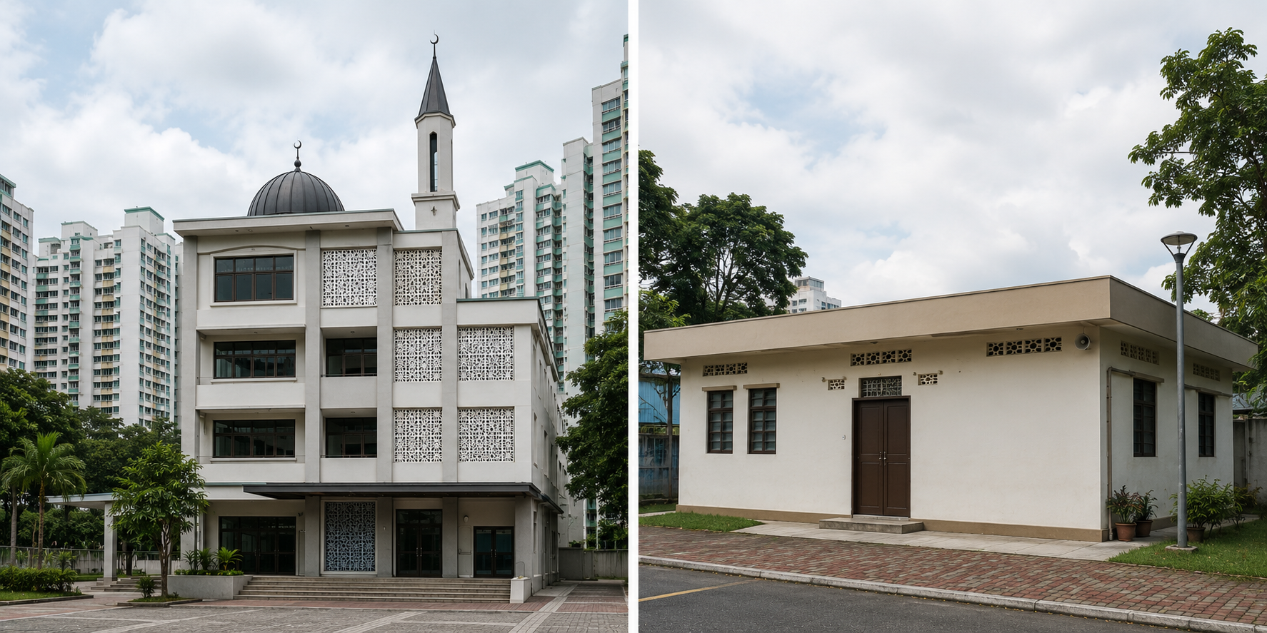 A large city mosque beside a small neighborhood surau, both able to run Awqōt with the same setup