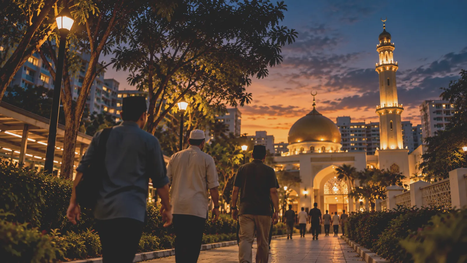 Jemaah walking to a neighbourhood mosque at dusk as Maghrib approaches