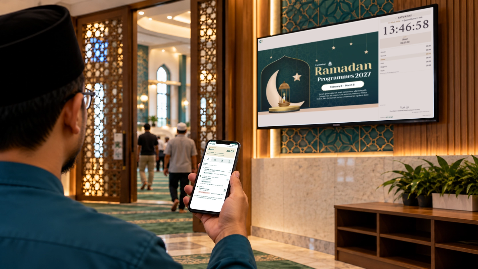 A mosque prayer hall screen, a living room and a phone in hand, each showing the same mosque announcement.