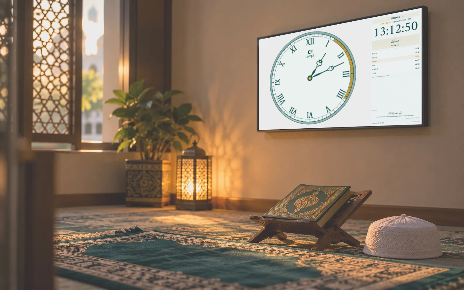 A compact Awqōt clock screen on the wall of a carpeted imam's room