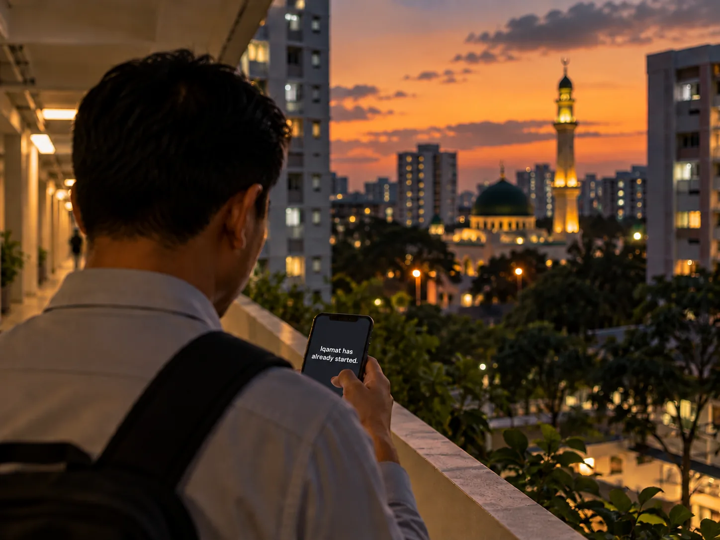 A man on an apartment walkway at dusk reading “Iqamat has already started.” on his phone, with a lit mosque in the distance.