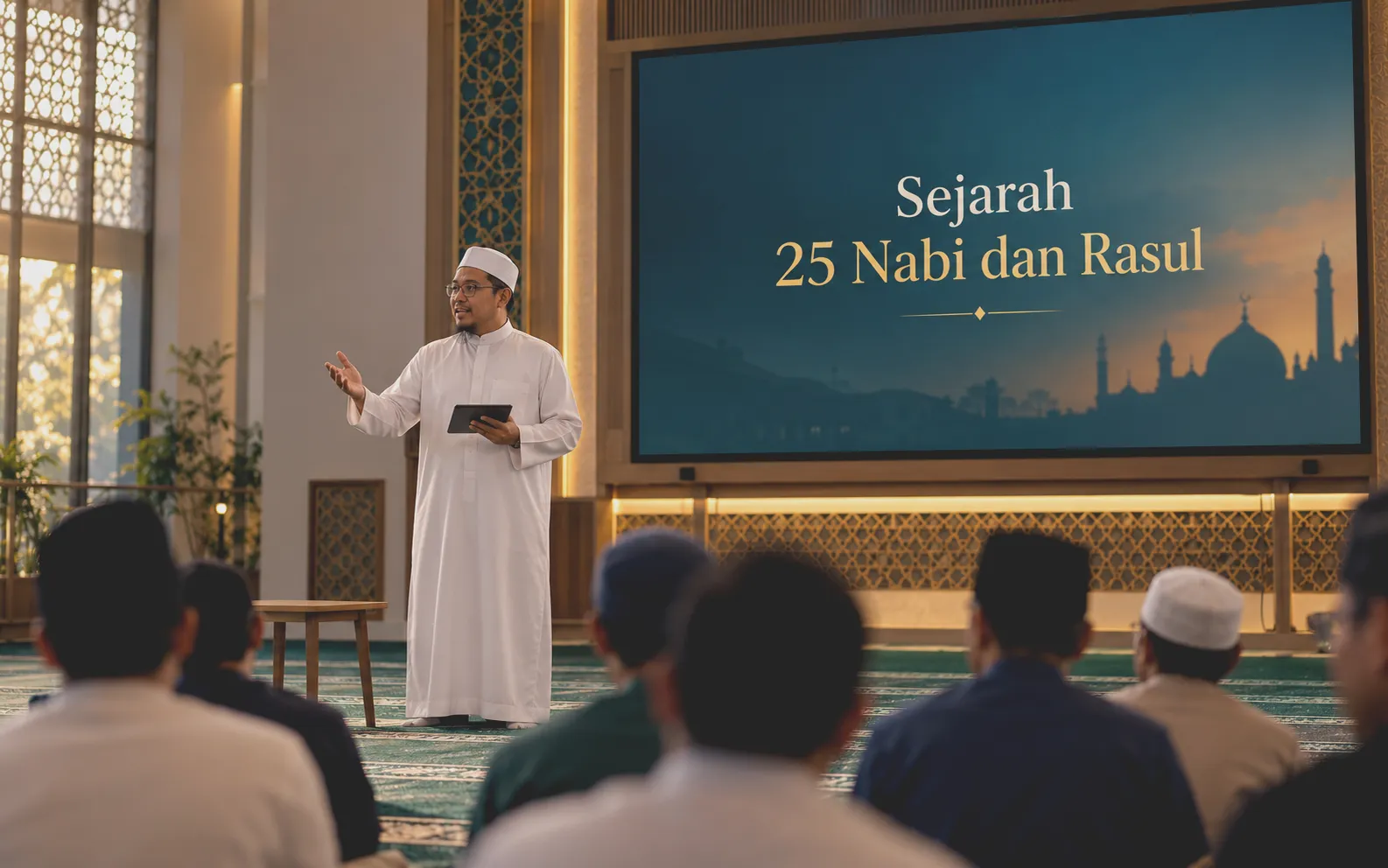 An ustaz presenting from the mosque's own display, with no laptop or cables