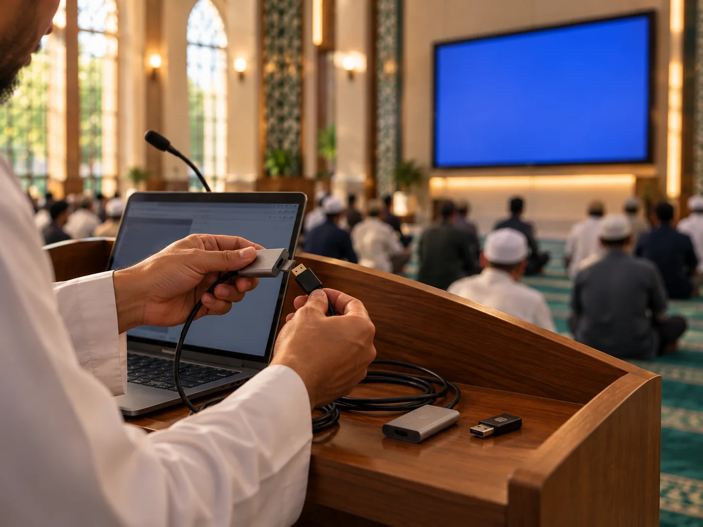 An ustaz at the lectern fumbling with a cable and adapters beside his laptop while the hall screen behind him shows only a blank blue screen.