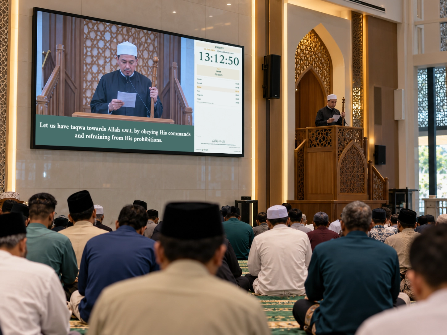 The hall display during Friday khutbah, showing the khatib on camera with captions and the prayer panel alongside