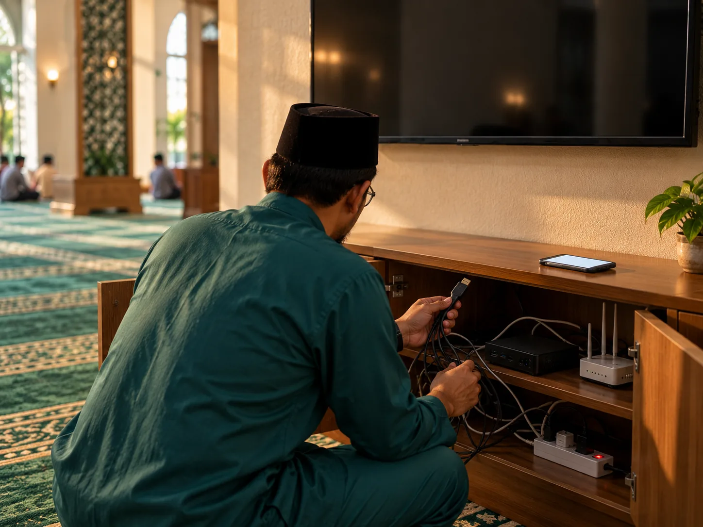 A mosque volunteer crouched at an open cabinet under a dark wall-mounted screen, untangling cables between a router, a mini PC and a power strip.