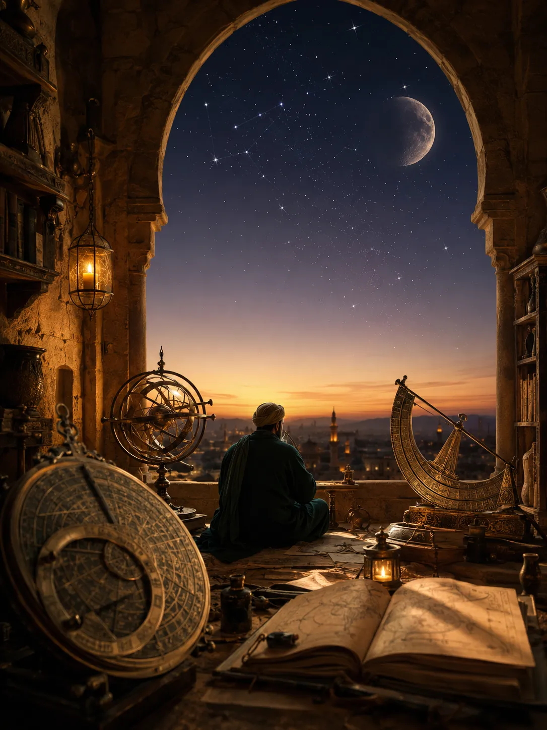 Illustration of a muwaqqit, a historical mosque timekeeper, among astronomical instruments as the night sky opens above him
